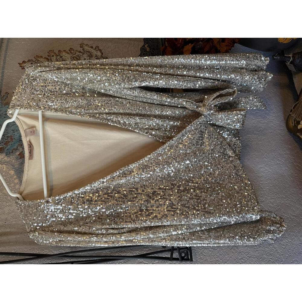 Willow Root Silver Sequin Wrap Blouse with Tie Detail